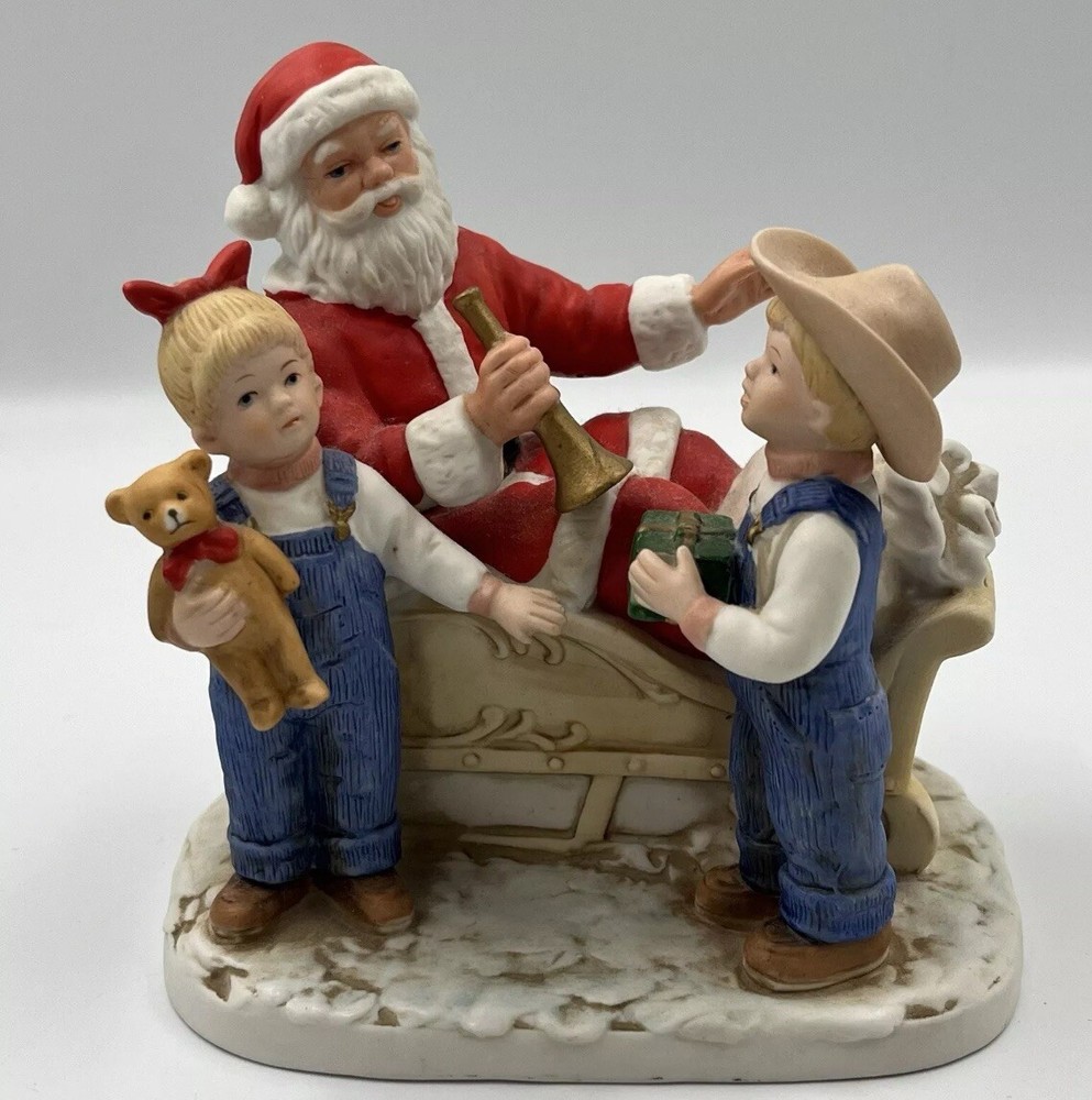Vintage 1985 Denim Days Figurine 8924 Santas Visit HOMCO Christmas Sleigh
