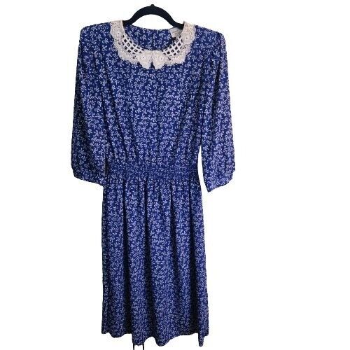 Vintage Cottagecore Stuart Alan Petites Blue Bow Midi Dress Size 10