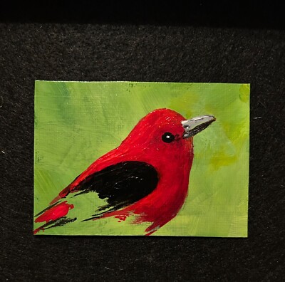 ACEO Original Acrylic Bird Painting Scarlet Tanager Red Birds Backyard ...