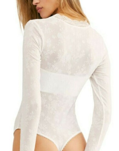 FREE PEOPLE Babes 'N Bandeaus Velvet Lace Long Sleeve Bodysuit WHITE, SMALL $88 - Picture 5 of 11