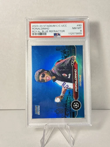 2023-24 Stadium Club Chrome UEFA Ronaldinho Blue Refractor #/175 PSA 8