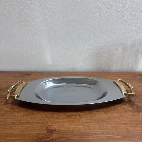 1950's Classic KROMEX Stainless Steel Serving Tray with Brass Handles 14" LONG