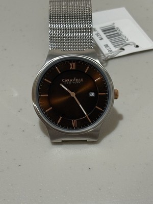 Caravelle New York Men's Brown Dial Silver Mesh Quartz Analog Wristwatch 45B138