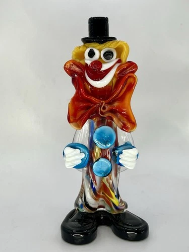 Vintage Murano Hand Blown Art Glass Clown Hat Blue Red Figurine 8” CHIP BOW