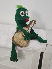 HAND CROCHETED FOLK-SINGING FROG WITH GUITAR, CHILD'S STUFFED TOY