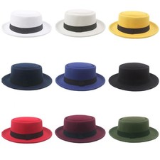 Unisex Men Women Wide Brim Woolen Fedora Jazz Hat Round Flat Top Panama Cap