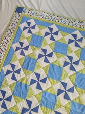 Handmade 3D Pinwheel Brillant Blue and Green Childs Quilt 42 x 42 Polka Dot Edge
