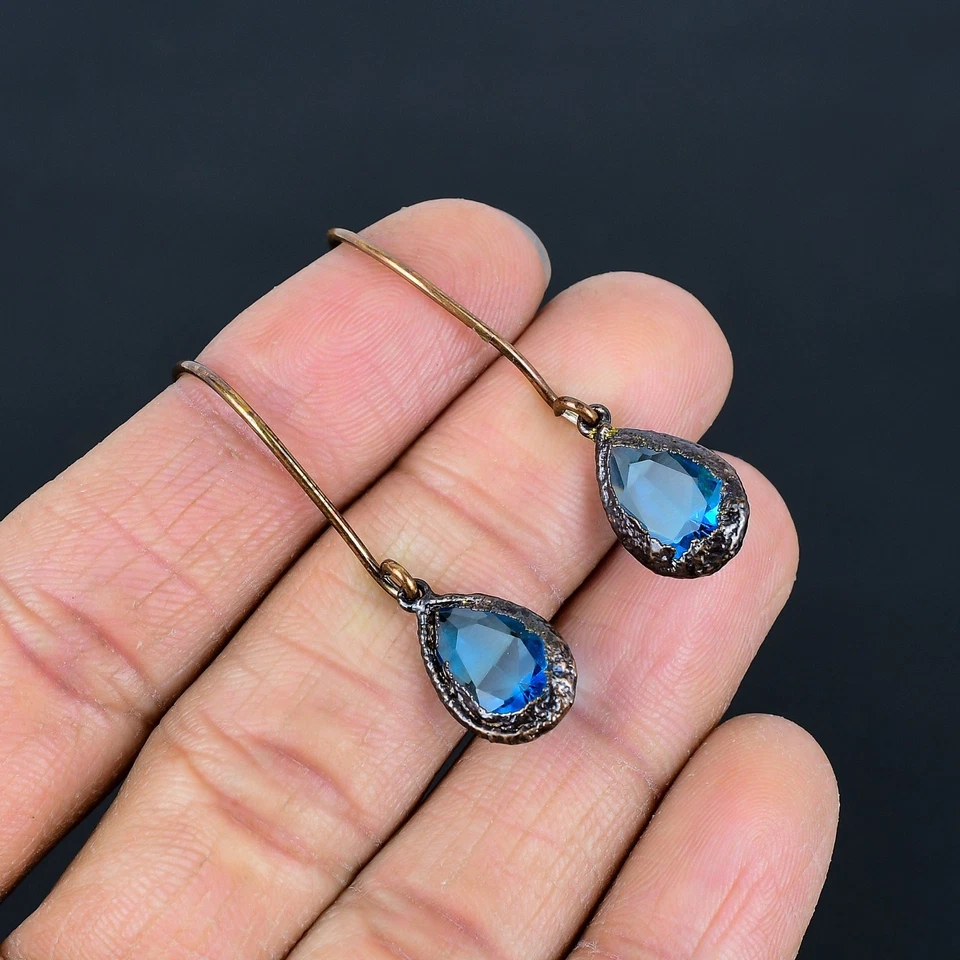 Blue Topaz Handmade Gemstones Copper Electroplated Beautiful Earrings Jewelry Foto 4 de 4