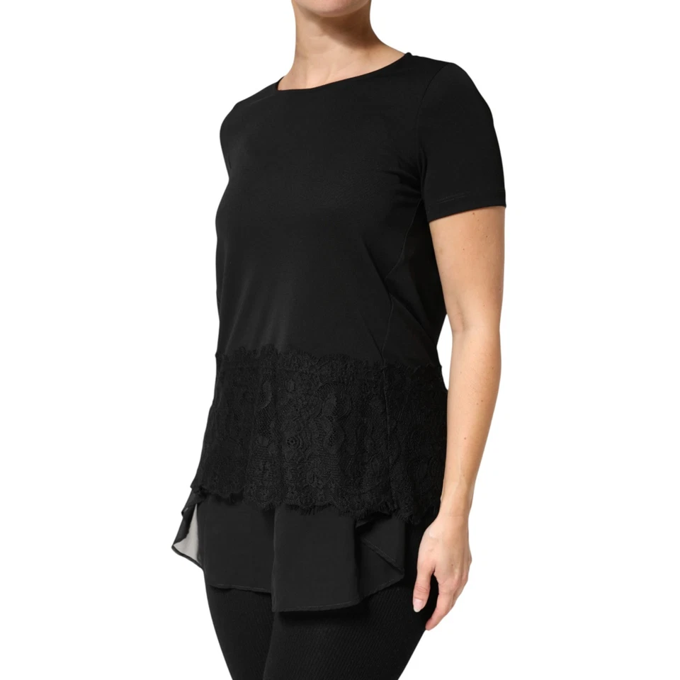 Camiseta DONDUP Negra Encaje Ribete Seda Cuello Redondo Mangas Cortas IT42/US8/M 460usd Foto 2 de 4