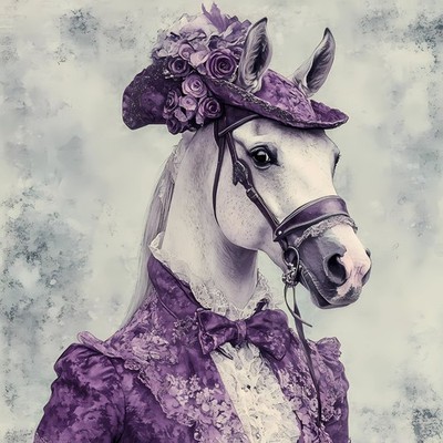 Lady Horse mit aufwendigem Outfit mit detailreichem, lavendelfarbenem Outfit