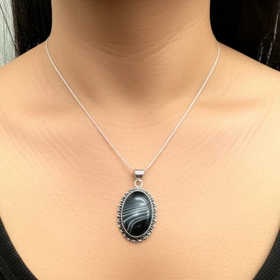Black Agate Oval Shape Pendant | Handmade Silver Plated Jewelry | Free Chain | - Image 1 of 4