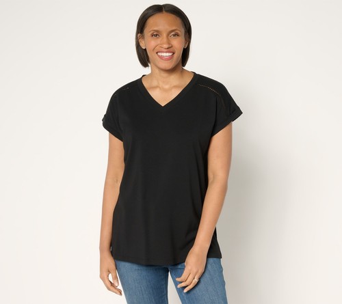 Belle by Kim Gravel Women's Top Sz L Primabelle Knit Ladder Lace Black A644572