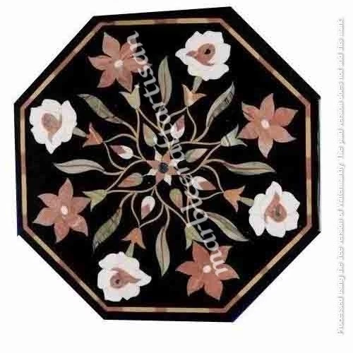 Handmade Black Marble Coffee Tabletop: Pietra Dura Inlay Art Console Furniture - Image 2 of 4