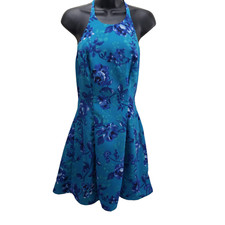 Vtg All That Jazz Women's Dress Sz 7/8 Blue Halter Top Floral Back Zipper NWT