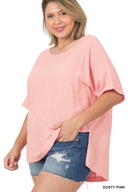 Womens Crinkled Gauze Cotton Short Elbow Sleeve Hi Low Loose Fit Top S-3X