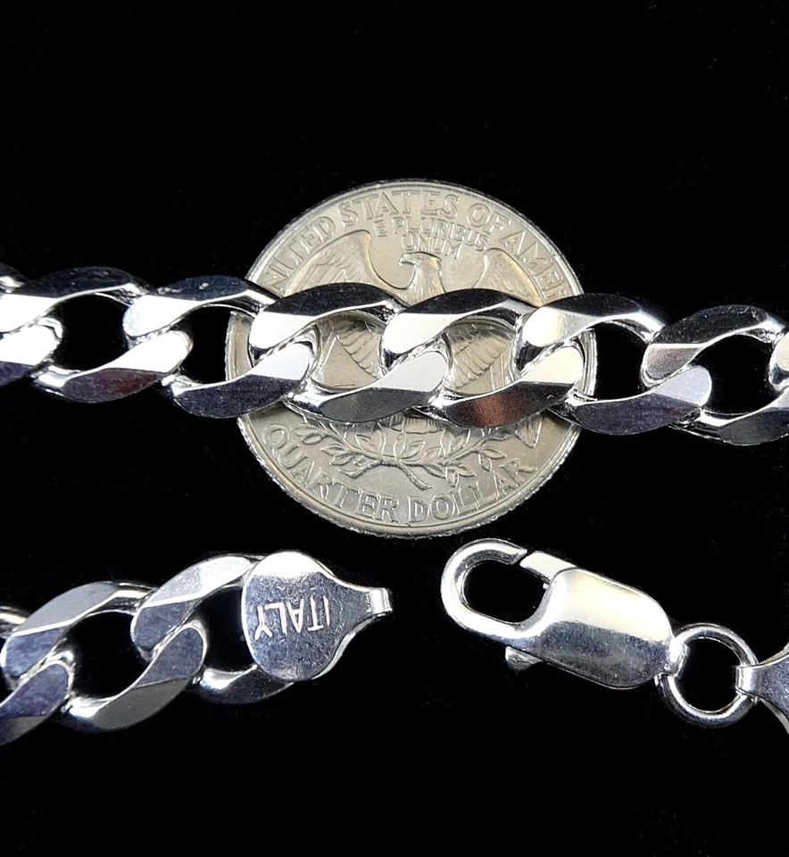 10 мм твердое серебро 925 пробы итальянский кубинский ОБОЧИНЫ цепочка ожерелье сделано в Италии - Изображение 2 из 4