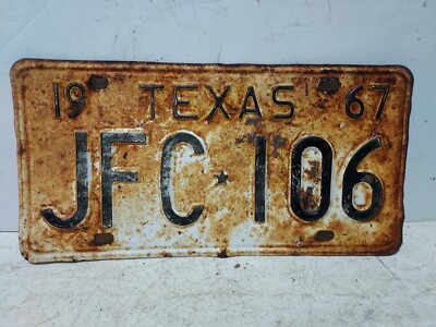 Vintage 1967 Texas  Embossed License Plate JFC 106 white black