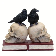 Ravens on Skulls Bookends Gothic Poe Crow Reading Bookshelf for Library Home