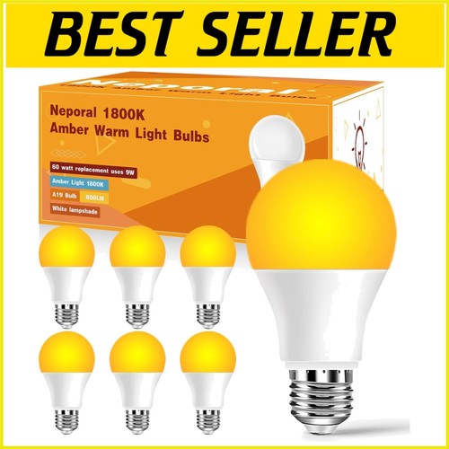 6-Pack Amber Light Bulbs, 9W Energy-Efficient Sleep Aid, Blue Light Blocking