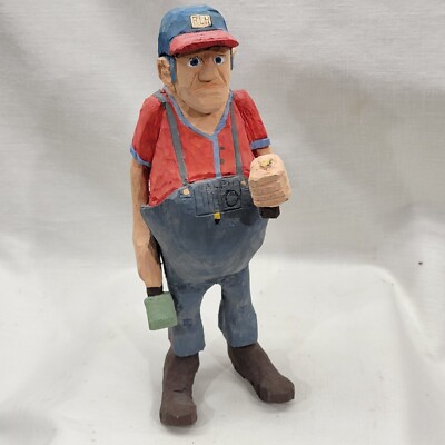 Hand Carve Hand Paint Wood Carpenter Folk Art Figurine 11 inch Artist Signed RLH
