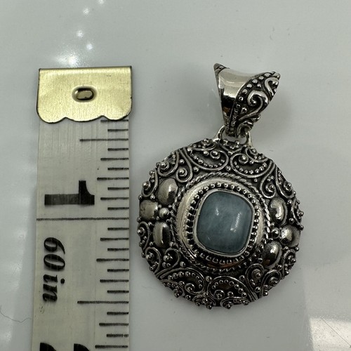 Aquamarine Circle Crystal in Bali/Filigree Sterling Silver 925 Pendant #1027 - Picture 5 of 5