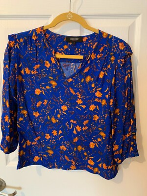 OXFORD WOMAN ROYAL BLUE AND CORAL FLORAL BLOUSE V-NECK 3/4 SLEEVES WOMENS 6
