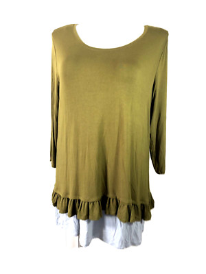 LOGO Lori Goldstein Double Layer Rayon Tunic Top Size XL Ruffle Gray & Green