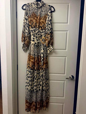 Animal Print  Maxi Dress High Neck open Sleeve Belted Lined XS