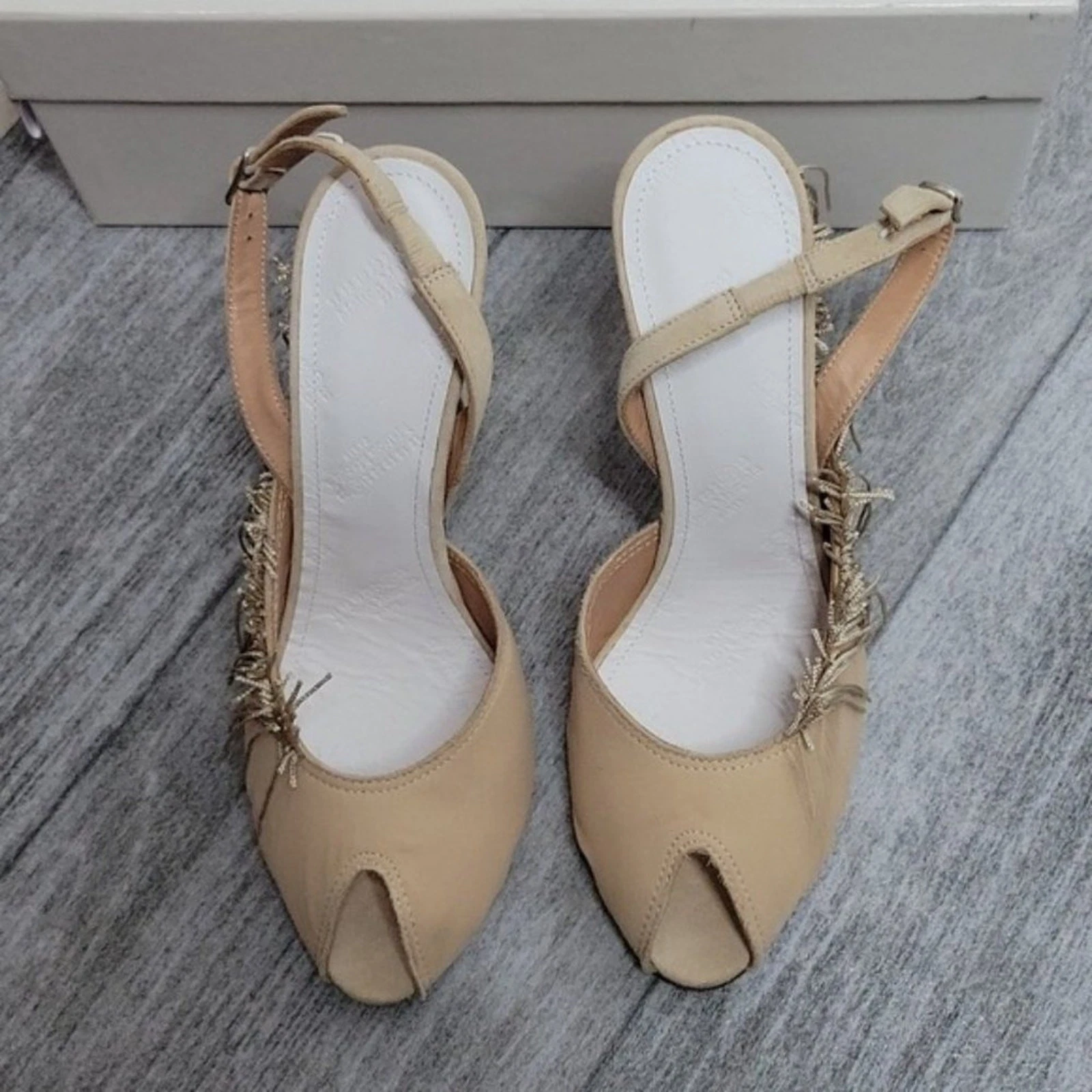 Decolte stiletto Maison Margiela con frange in crepe e camoscio slingback punta aperta NUOVE 37