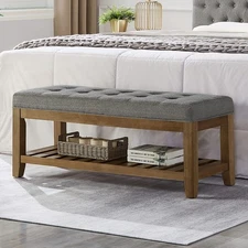 Large Rectangular Upholstered Tufted Linen Fabric Ottoman Bench, Padded Bench...