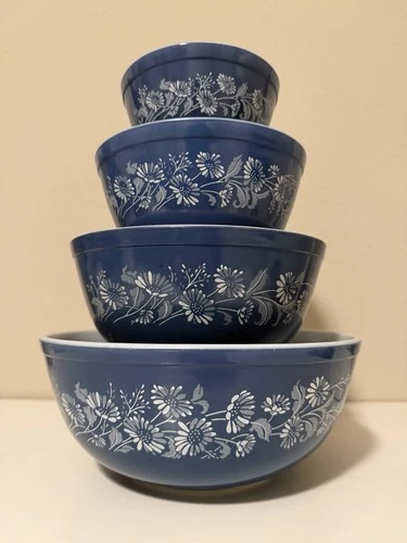 Pyrex Colonial Mist Mixing Nesting 4 Bowl Set HTF ALL BLUE 💥404 403 402 401