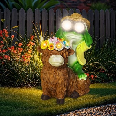 Solar Garden Lights Frog Sitting on Highland Cow Statue with Flower Garden De...