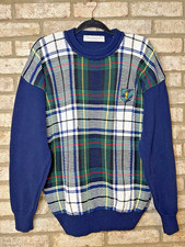 Vtg Navy Blue Plaid Men's Medium 100 Cotton Heavy Sweater John Ashford Preppy