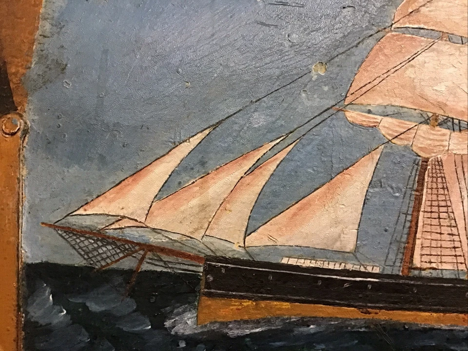 Antiguo cofre marino años 1800 con pinturas de barco/3 banderas (1) libre comercio 13 estrellas Foto 4 de 4