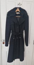 Karen Millen Black Wool Angora Coat with Belt & Detachable Fur Collar: Size UK 8