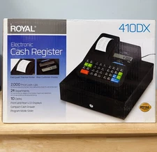 New In Box Royal 410DX Electronic Black Cash Register, LCD Display, 2000 PLUs