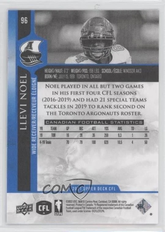 2021 Upper Deck CFL Blue Llevi Noel #96 - Image 2 of 2