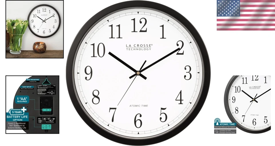14-Inch Analog Atomic Wall Clock in Black - Durable & Stylishfor Every Room - Image 2 of 4