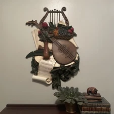 Vintage Syroco 1971 Wall Hanging Plaque Botanical Mandolin Harp Scroll #7236