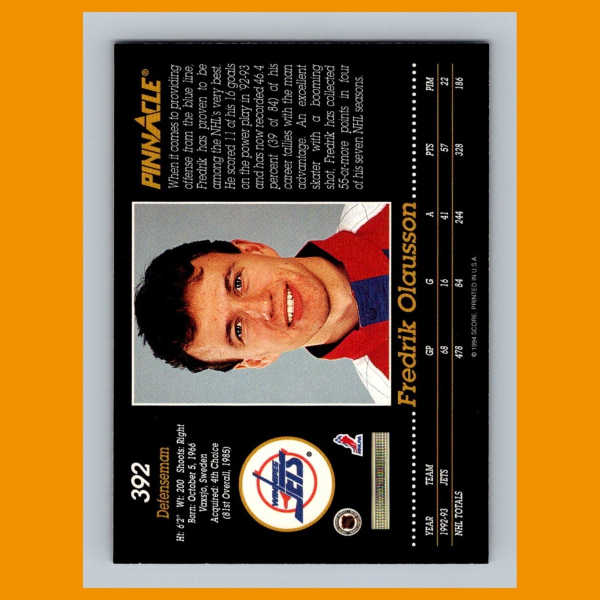 Fredrik Olausson #392 1993-94 Pinnacle Winnipeg Jets Hockey Card