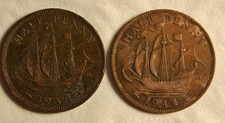 TWO X King George VI British Half Penny Coins 1/2d 1938 & 1944. Bronze