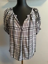LOFT Plaid Balloon Sleeve V-Neck Grey White Black Top Shirt Blouse - Size XS 