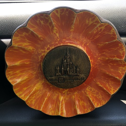 Vintage Walt Disney World Orange Yellow Tie Dye Glaze Castle Ashtray 8” - Picture 2 of 4