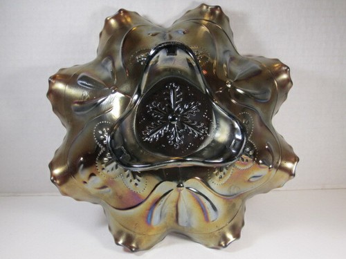 Antique Northwood Purple 3 Fruits Medallion Footed Carnival Glass Ruffled Bowl - Picture 4 of 5