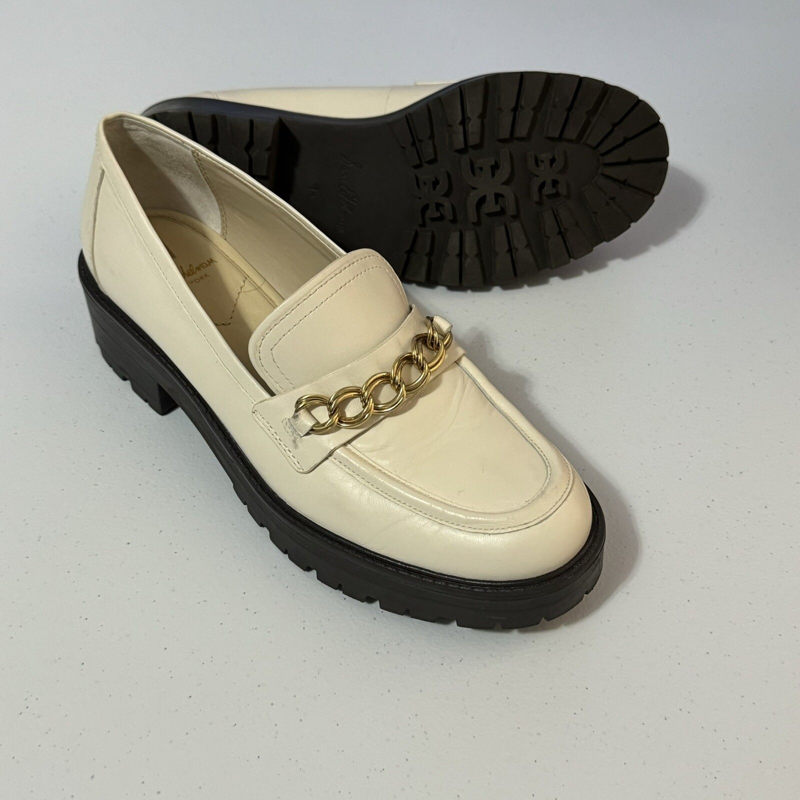 SAOLA Mocassini donna tacco grosso panna 9 5 slip on dettaglio catena suola strappo scarpa preppy