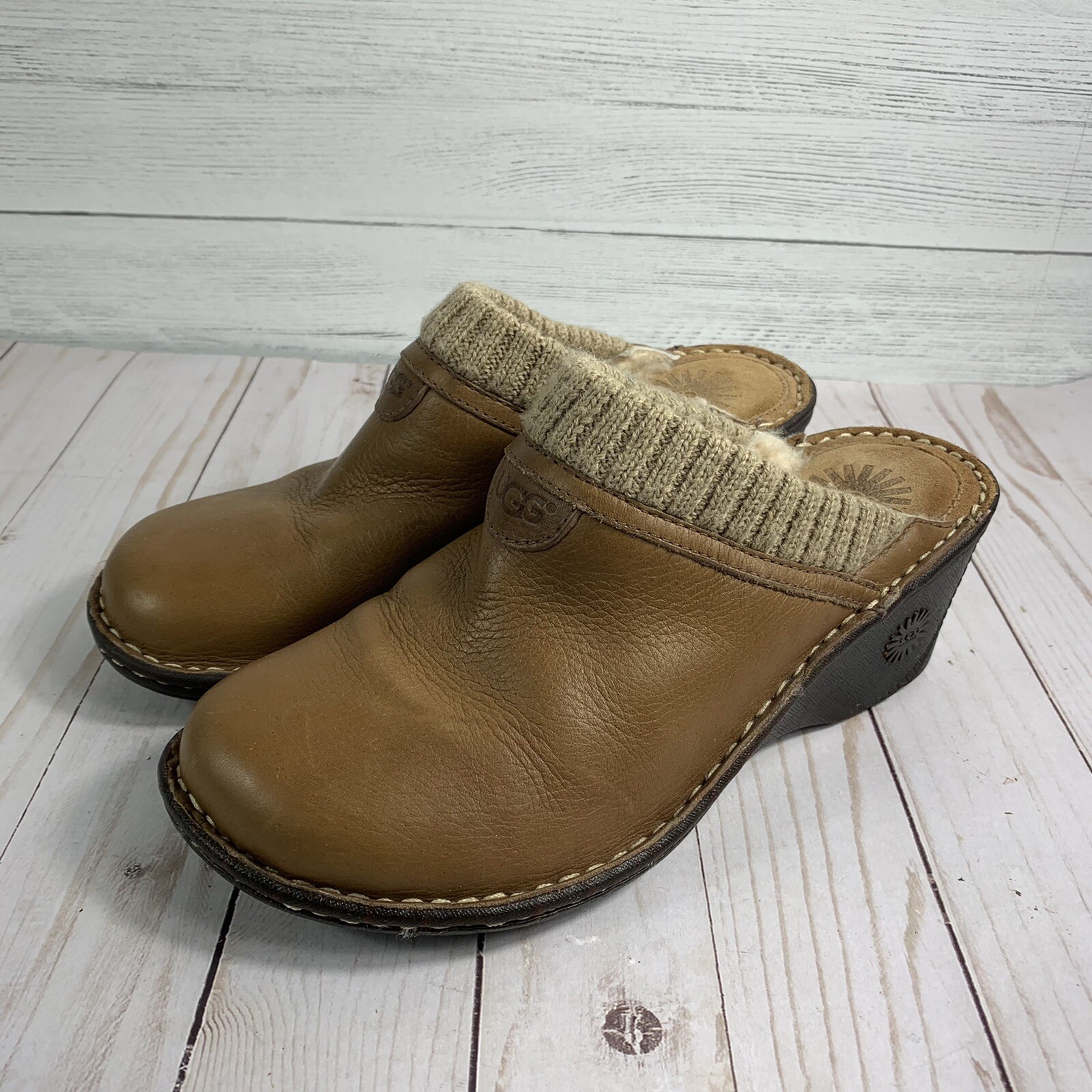 UGG Womens Clogs Mules Leather Sweater Band Sherpa Lined Brown Slip On size  9 | eBay