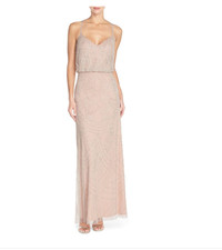 Adrianna Papell Beaded Blouson Gown Silver Nude sz 10 Bridesmaid Prom Mesh 300