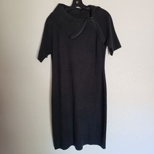 Calvin Klein Dark Charcoal Gray Knit Sweater Dress Foldover Neckline Size L