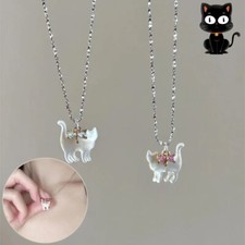 Fashion Jewelry Cute Transparent Cat Rhinestone Pendant Necklace Silver Plated C