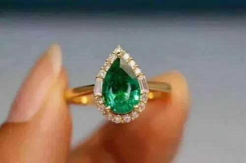 2Ct Pear Cut Lab Created Emerald Engagement Women's Ring 14k Yellow Gold Plated - Picture 5 of 7